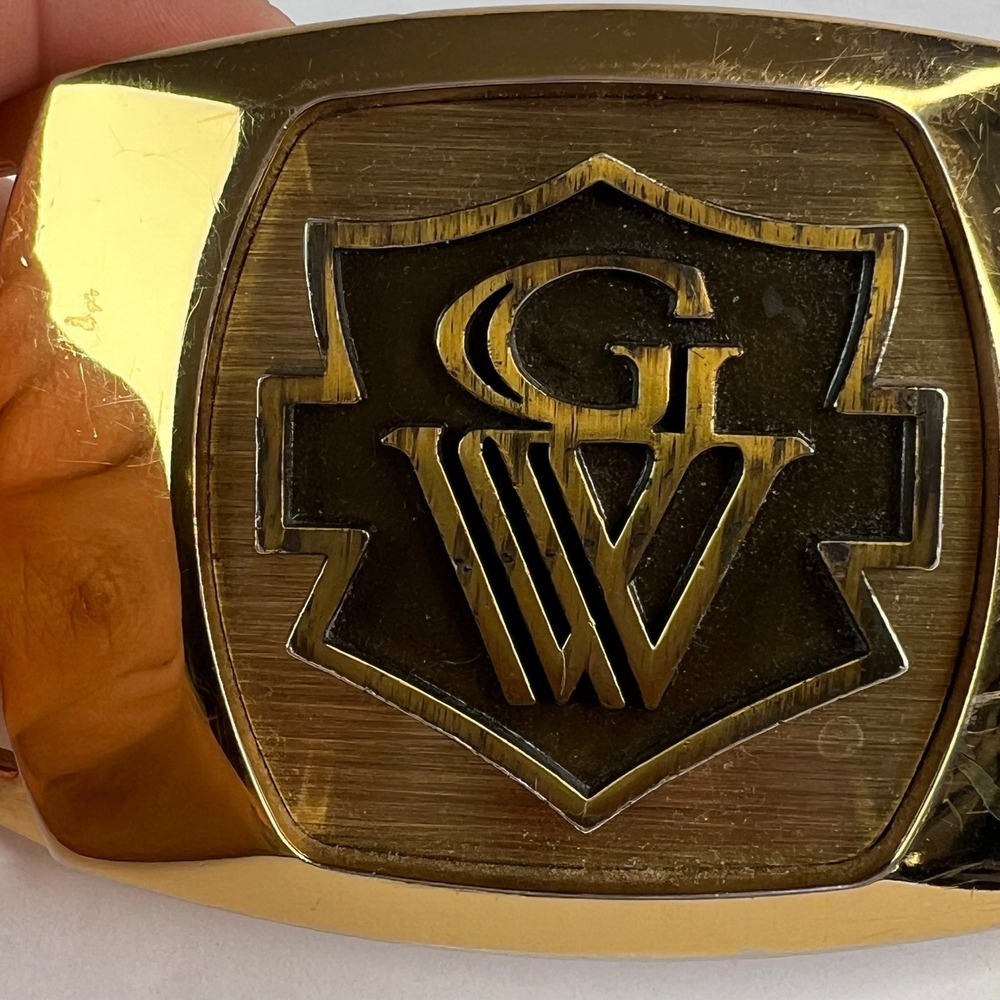 Vintage Great Western GW Monogram Shield Belt Buckle Gold Tone Metal Rectangle - Picture 3 of 5